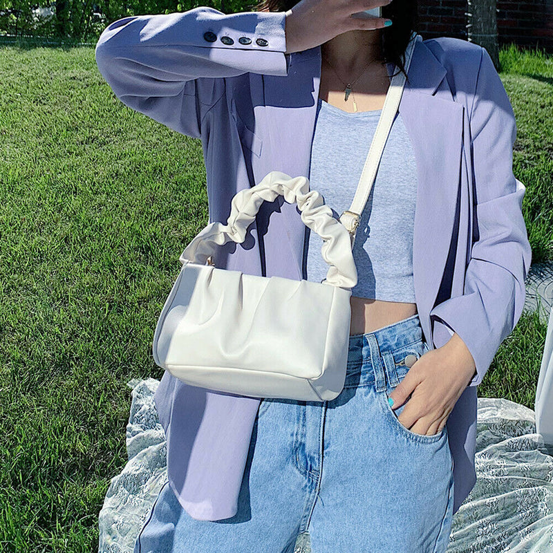 Women Candy Color Shoulder Bags Pleated Ruffle PU Totes Handbag (White)