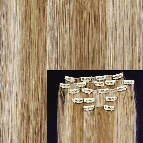 8 18" #27/613 Blonde Highlights Straight Full Head Synthetic Hair Extension G5R7