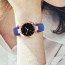 Women PU Leather Quartz Luxury Starry Sky Crystal Dial Analog Watch (Blue) A