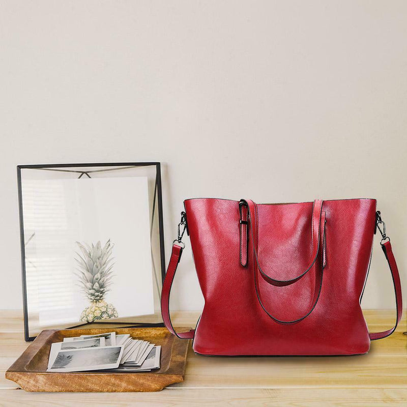 Oil Wax Leather Shoulder Handbags Women Big Capacity Shopping Totes (Red)