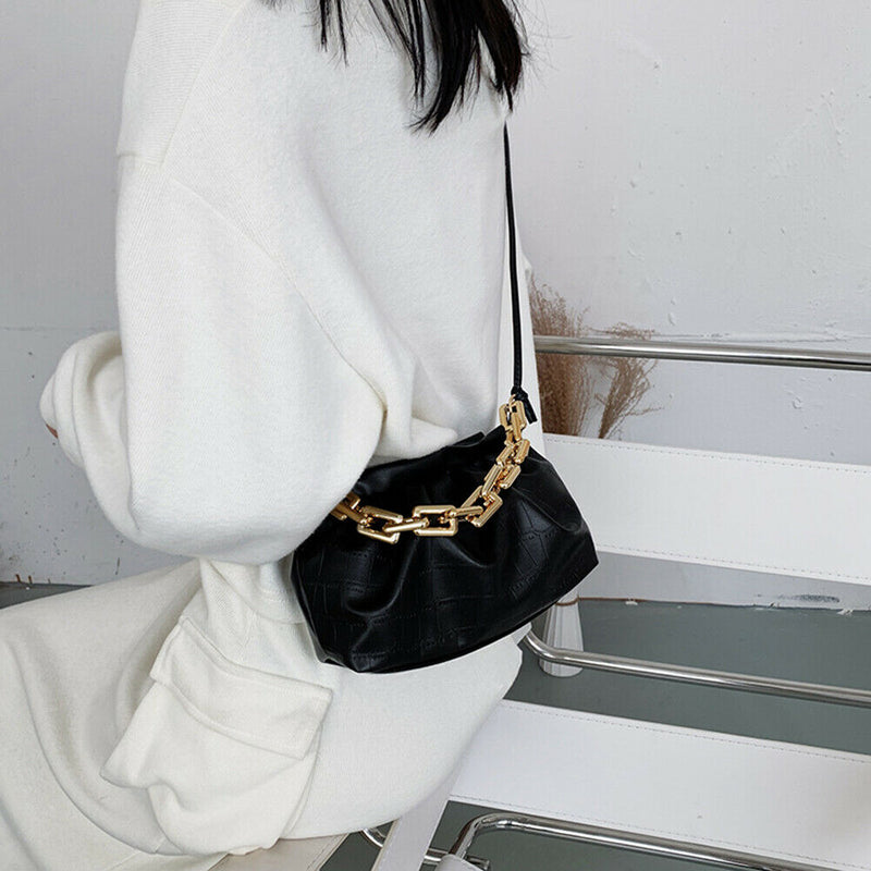 Women Pleated Handbag Stone Pattern PU Chain Shoulder Crossbody Bag (Black)