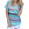 Fashion V-neck Stripe Women Tops Short Sleeve Splicing T-shirt (Blue 5XL)