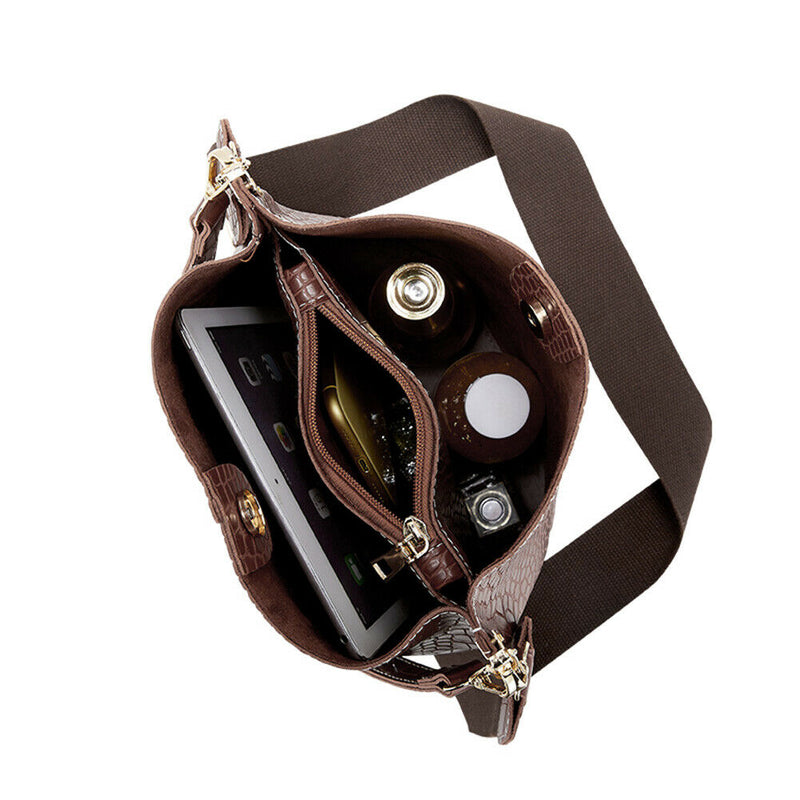 Crocodile PU Leather Women Shoulder Bag Messenger Bucket Handbag (Coffee)