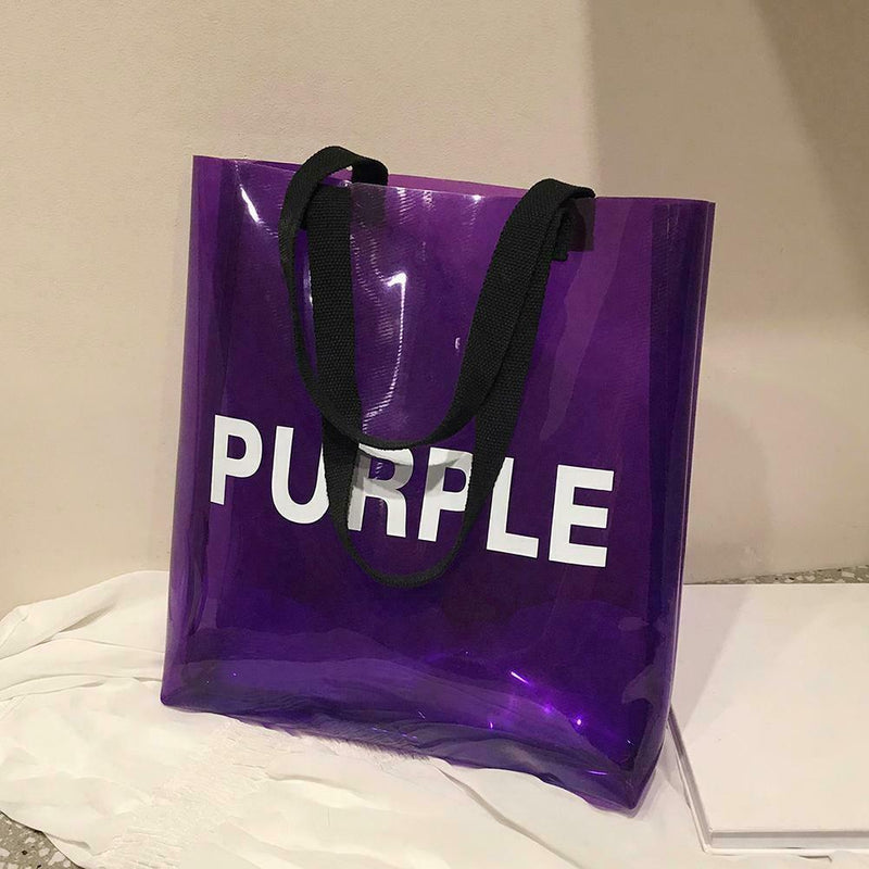 Transparent PVC Shopping Tote Women Shoulder Beach Travel Handbags (Purple)