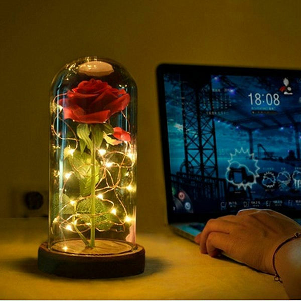 Eternal Rose Flower Red Silk Rose and LED Light with Fallen Petals in Glass K7T8