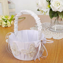 Ivory White Satin Wedding Flower Girl Basket with Bow Lace Butterfly Decoration