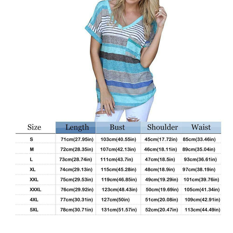 Fashion V-neck Stripe Women Tops Short Sleeve Splicing T-shirt (Blue 5XL)