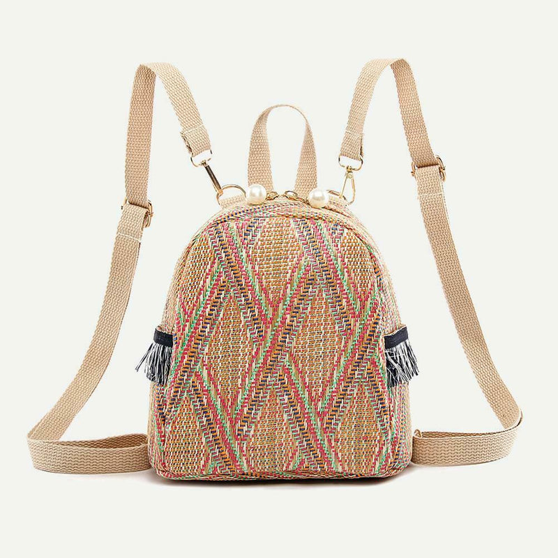 Straw Small Backpacks Women Stripe Print Shoulder School Bags (Dark Brown)