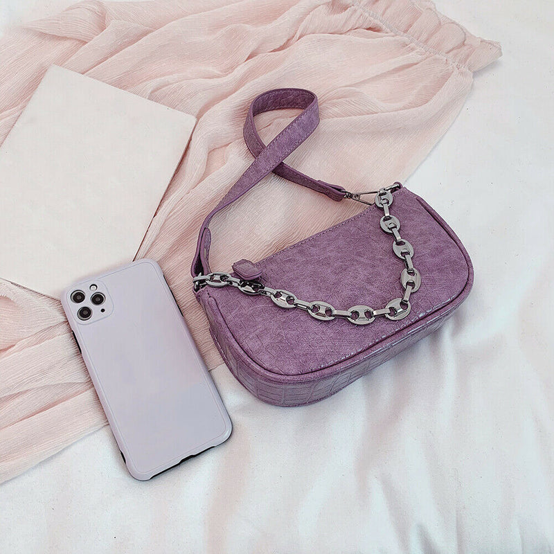 Alligator Pattern Shoulder Totes Bag Women Leather Chain Handbag (Purple)