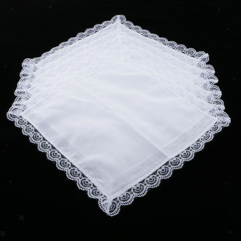 5pcs Lady Cotton Handkerchiefs Lace Trim White Hanky Kerchief  Square