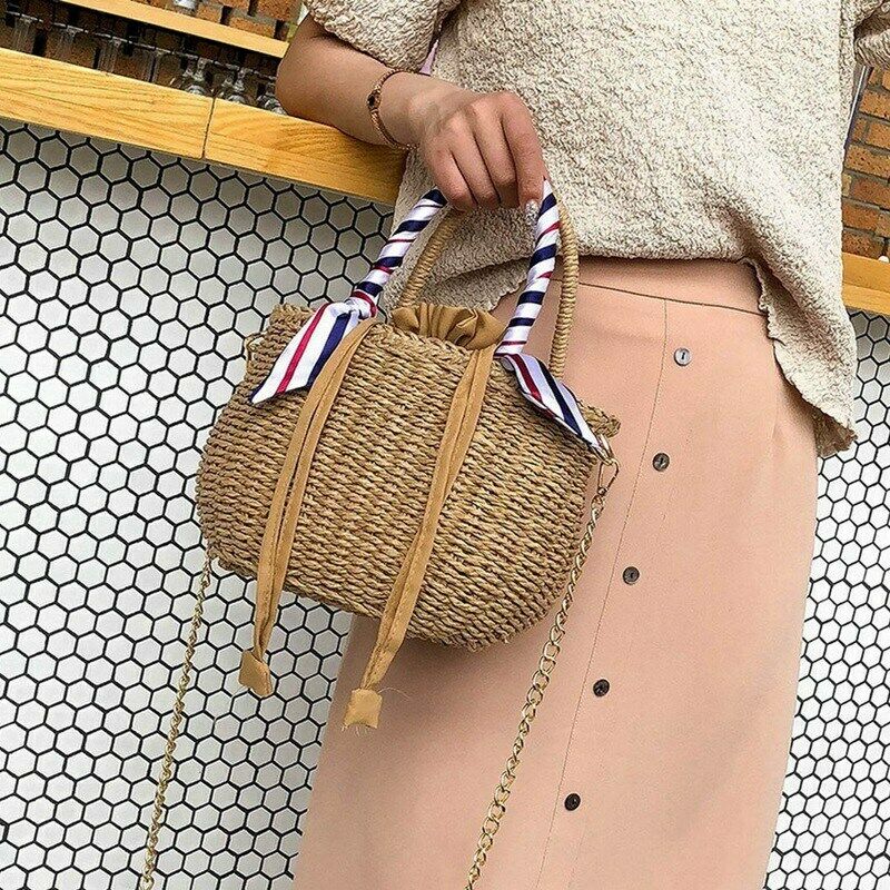 Women's Beach Handbag Straw Shoulder Bag with Handles and Silk Ribbon Bucke H5I5
