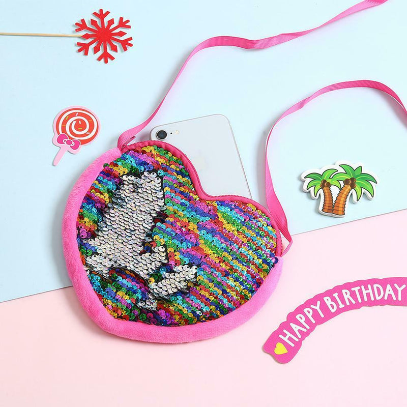 Sequin Heart Shoulder Handbags Flannel Women Kid Crossbody Bag (Multicolor)