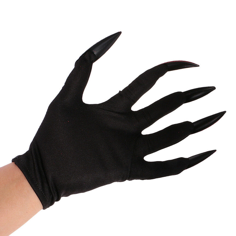 Scary Woman Witch Gloves w/ Long Red Glitter Fingernails Halloween Costume