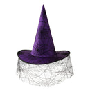 Womens Girls Gothic Halloween Purple Witch Costume Hat with Spiderweb Veil