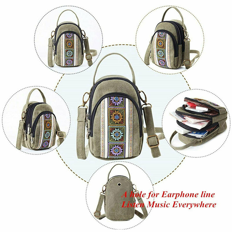 Embroidery Canvas Crossbody Bag Cell phone Pouch Coin Purse for Women Girls J5S1