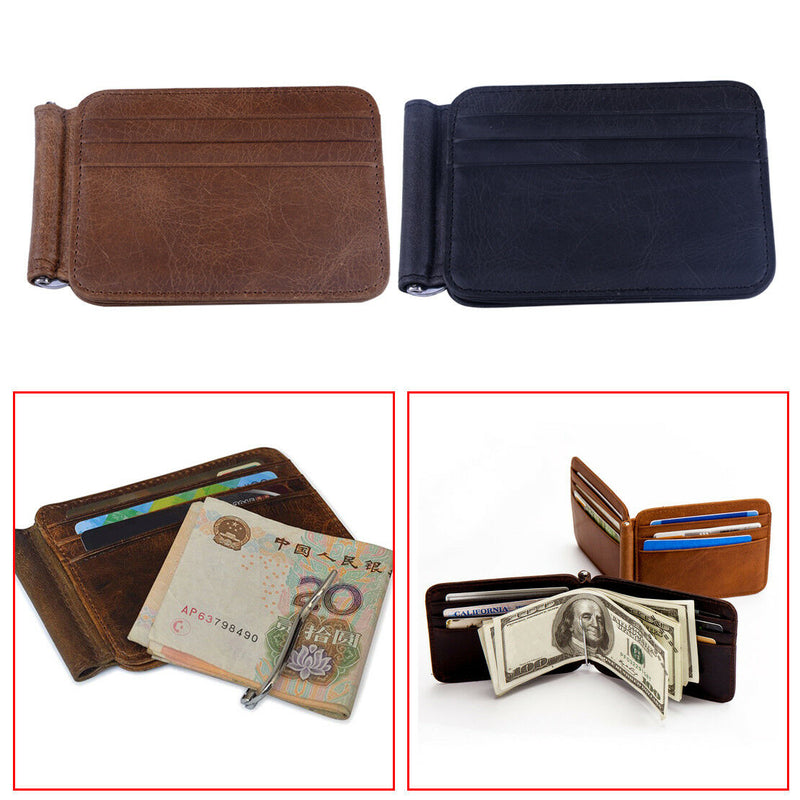 Black Men's Leather Wallet Cowhide Money Clip Credit Card Holder Purse