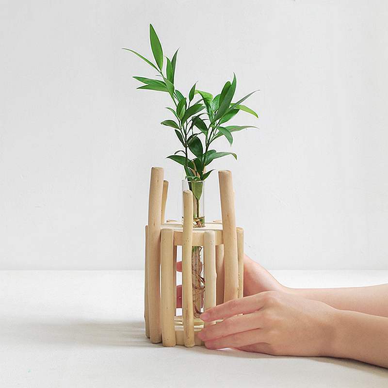 1 Set Glass Vase Tube Shape Clear Flower Bottle With Wooden Shelf Wood Stan K6K6