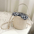 Straw Woven Shoulder Messenger Handbags Women Crossbody Bucket Bags (Beige)