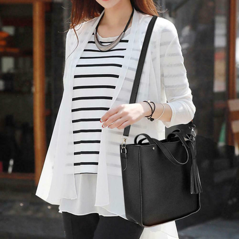 4pcs/Set Lichi Leather Tassels Women Tote Shoulder Clutch Card Bags (Black) A