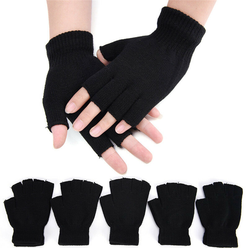 Men Black Knitted Stretch Elastic Warm Half Finger Fingerless Gloves Winter Z