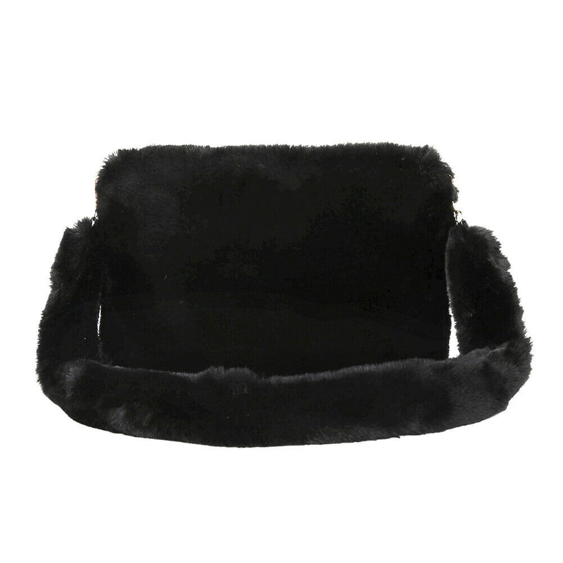 Women Plush Messenger Bag Big Capacity Fluffy Shoulder Handbags (Black)