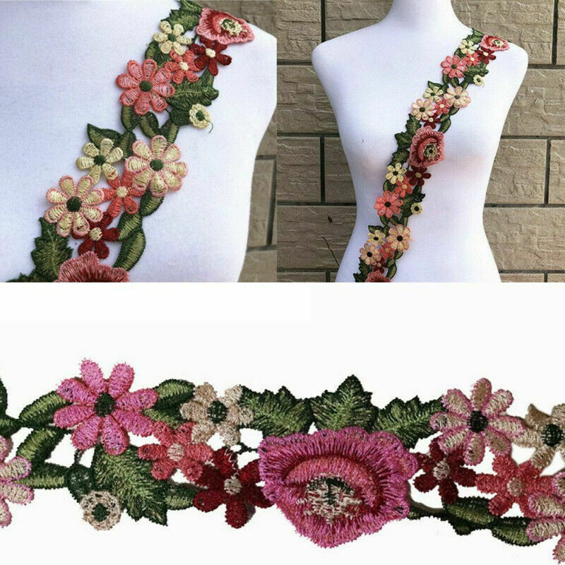1 Yard Boho Flower Leaves Lace Trim Ribbon Applique Embroidered Sewing Craft DIY