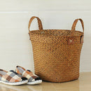 Natural Round Straw Basket Bin Handmade with Handgrip Orange 33X21X26cm B5O4