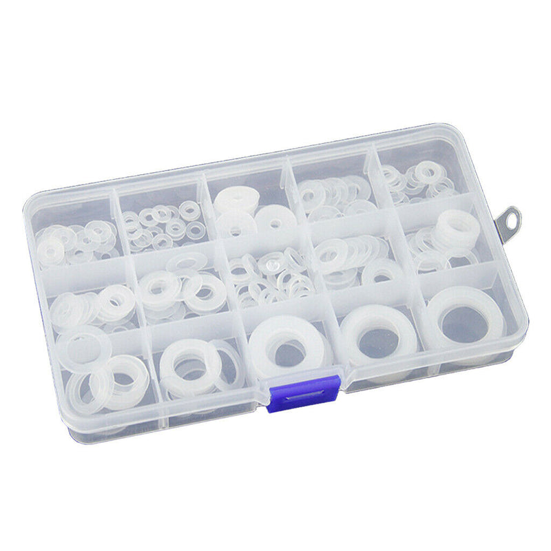 250Pcs Durable White Nylon Washer Flat Gasket  Washer Set With Storage Box