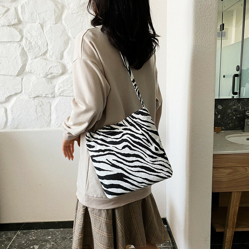 Portable Zebra Canvas Shoulder Tote Women Large Capacity Tote Crossbody Bag