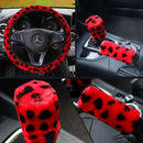 3Pcs /Set Red Leopard Fluff Plush Steering Wheel Cover Winter Car Accessory 3C