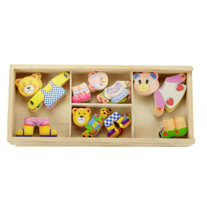 Wooden Baby Child Bear Changing Clothes Male Girl Baby Puzzle Three-Dimensi D7F4