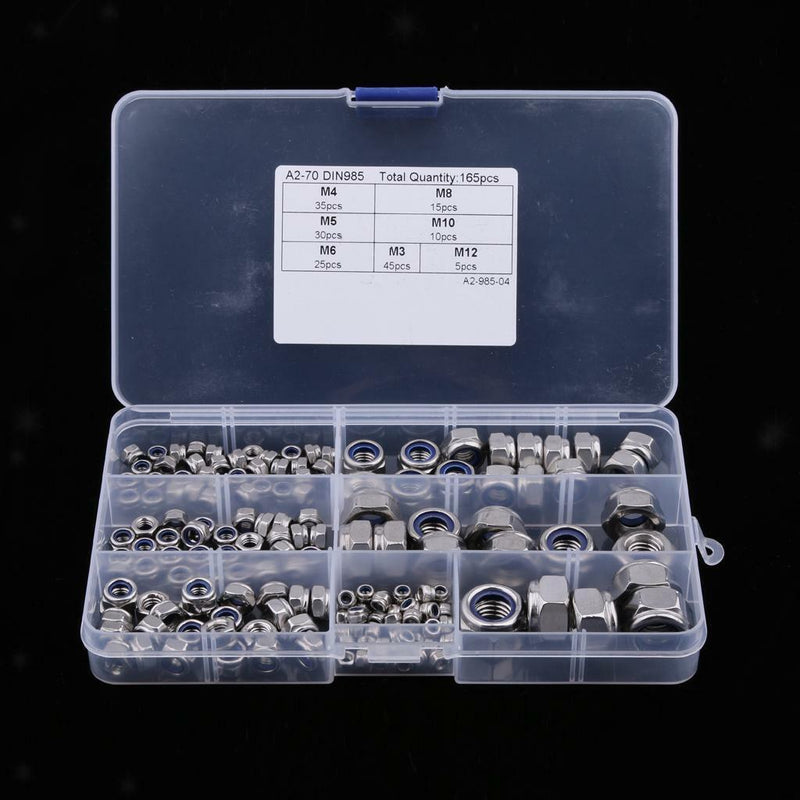 165Pcs Stainless Steel Hex Lock Nut Nylon Insert M3 M4 M5 M6 M8 M10 M12