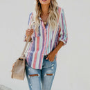 Women Fashion Lapel Long Sleeve Color Striped Print Button Down Shirt Ladie