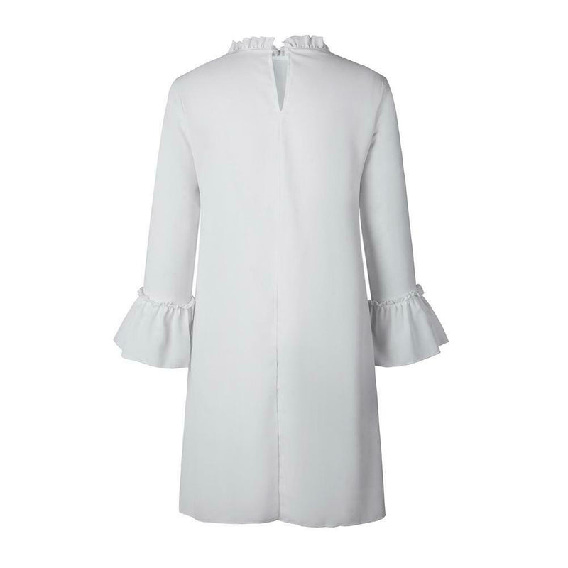 Solid Color Loose Straight Dress Pleated Women Chiffon Dresses (White S)
