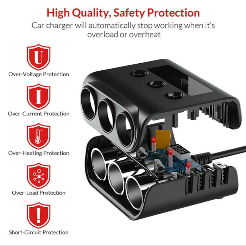 3-Way Car Cigarette Lighter Adapter 12V-24V Socket Splitter LED 4 USB Charger