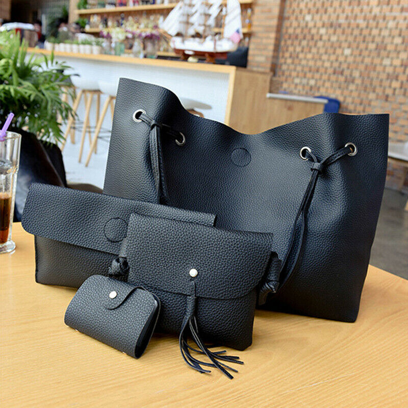 Women Handbags Purse Shoulder Bags Casual Tassel Tote 4Pcs Bags(Black) J1A6