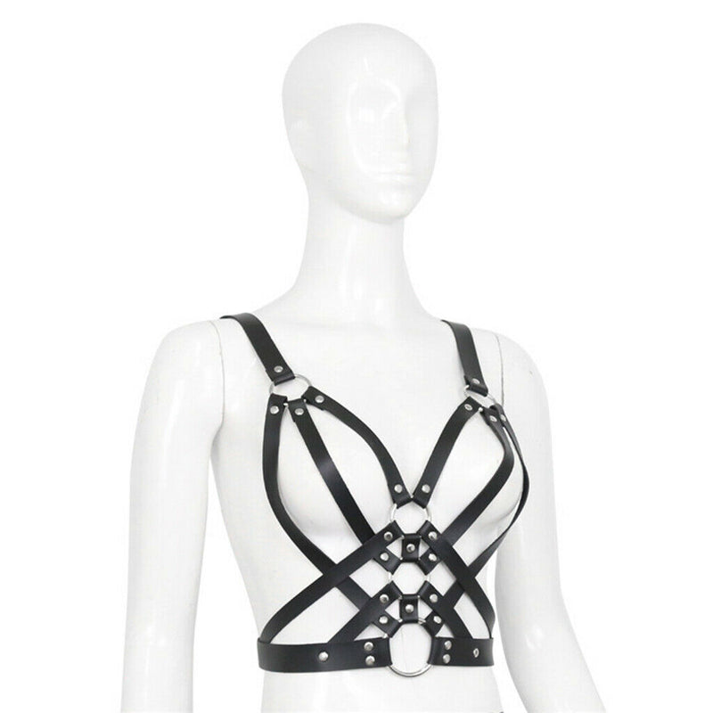 Womens Leather Body Chest Harness Belt Rivet Cage Bra Strap Metal  Party