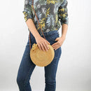 Women Handwoven Round Rattan Bag Shoulder Leather Straps Natural Chic Handb