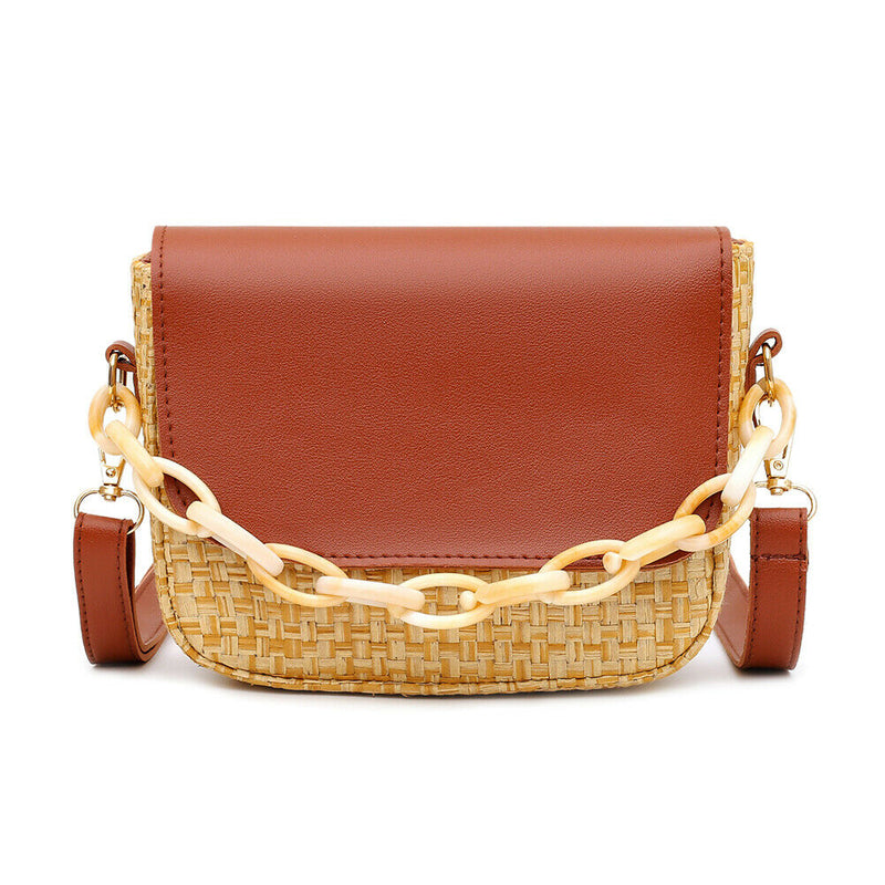 Woven Straw Shoulder Bag Women PU Splicing Beach Travel Small Money Pouch