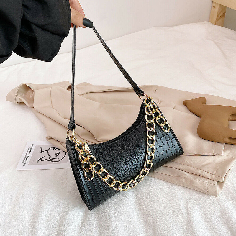 Casual PU Women Handbag Totes Chain Female Underarm Shoulder Bags (Black)