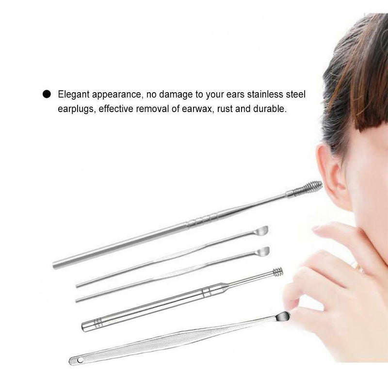 5Pcs Stainless Steel Ear Wax Cleaner Easy Swab Earwax Removal Earpick Tool+Case