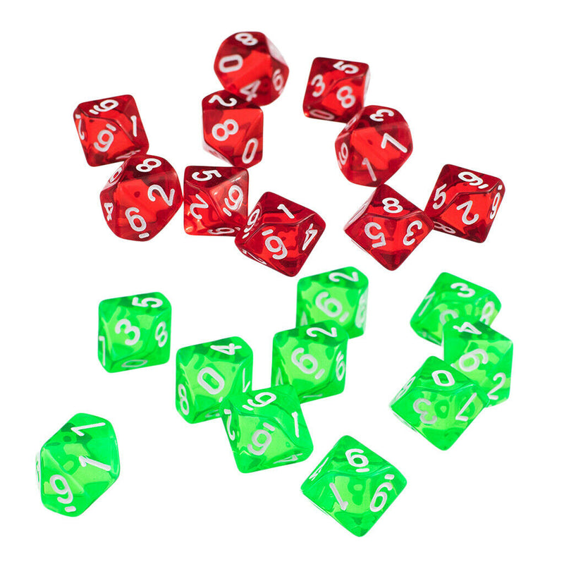20 Pack Clear D10 Dice 10 Sided Dice for D&D RPG MTG Accessories Green&Red
