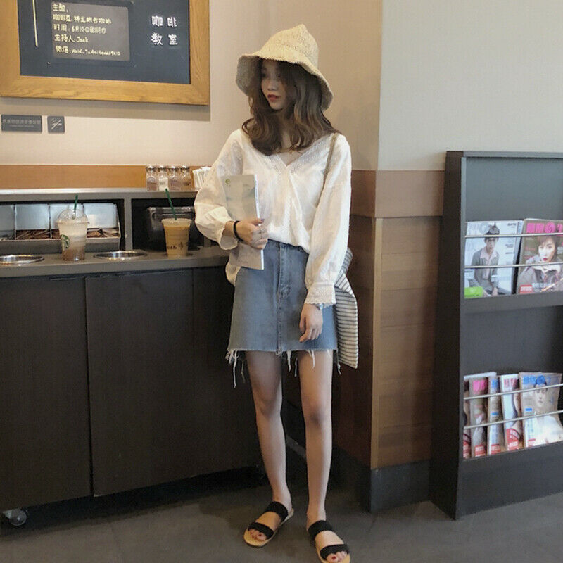 Korean Women Blouse Loose Stitching Hollow Lace V Neck Shirt Crochet Casual To3C