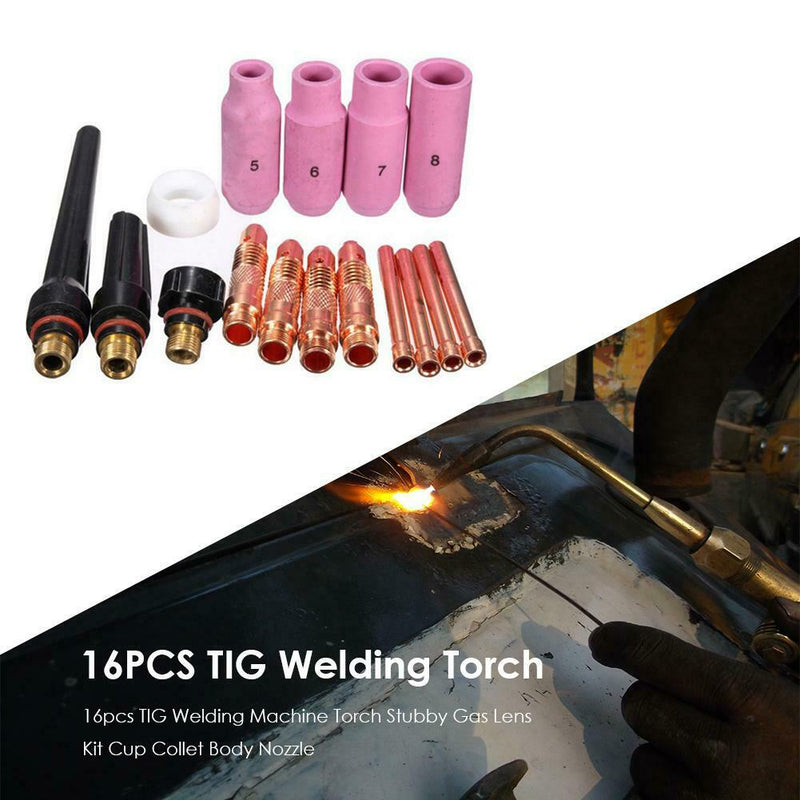 16pcs TIG Welding Machine Torch Stubby Gas Lens Kit Cup Collet Body Nozzle