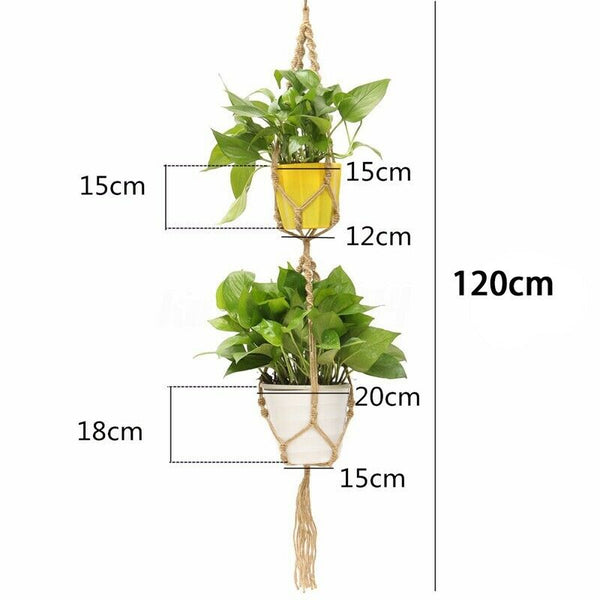 Beige Double Macrame Plant Hanger 2 Tiers Hanging Planter Pot Holder 120cm