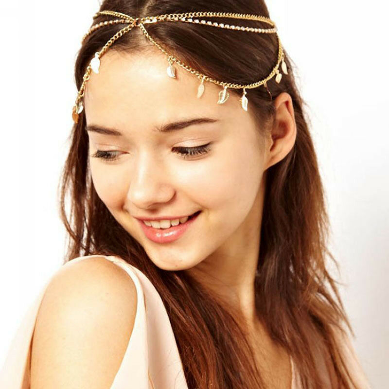 Boho Tassel Crystal Leaf Metal Headband Head Piece Hair Band Chain Jewelry