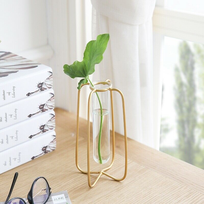 1 Piece Vase For Decoration Tube Vase Metal Stand Glass Tube Bottle For Pla V2B8