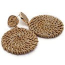Weave Straw Double Disc Drop Earrings Boho Rattan Dangle Statement Earrings G2N6