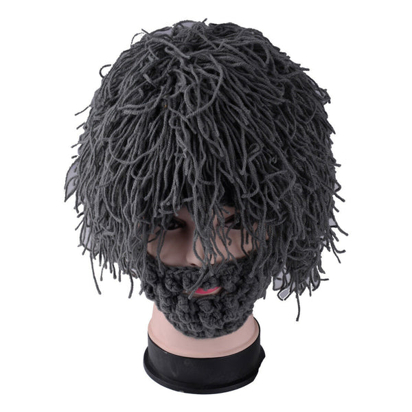 Hand Knitted Crochet Beanie Hat Winter Grey Wigs Funny Creative Beard Caveman