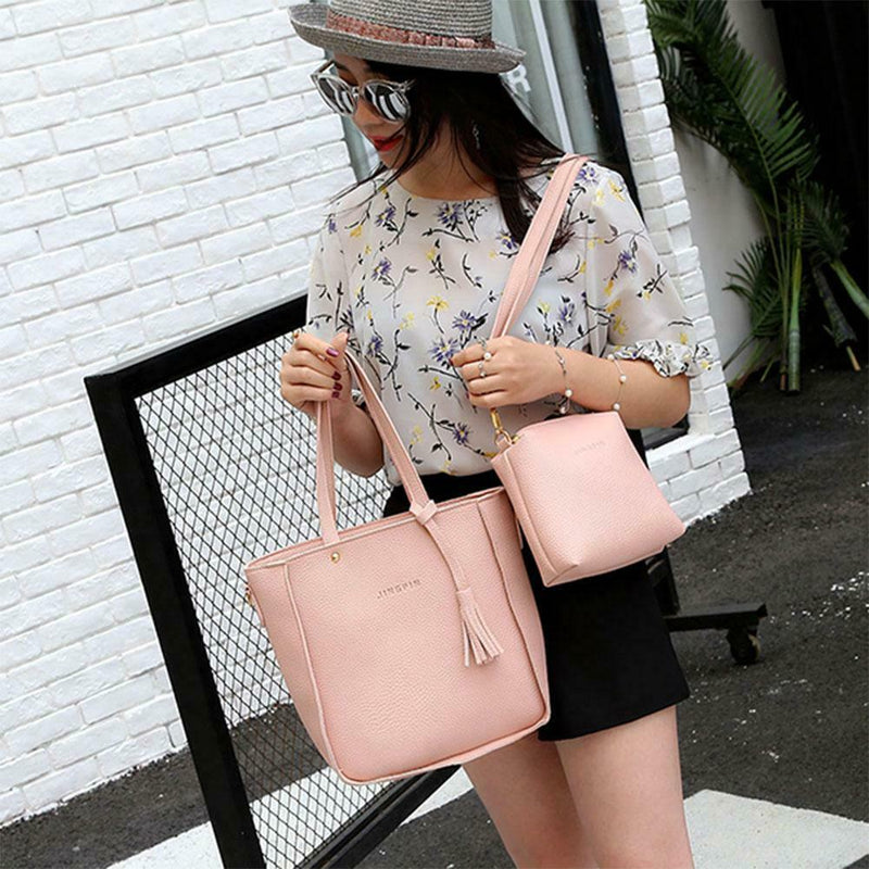 4pcs/set Litchi Leather Tassel Women Tote Shoulder Handbag Card Bags (Pink)